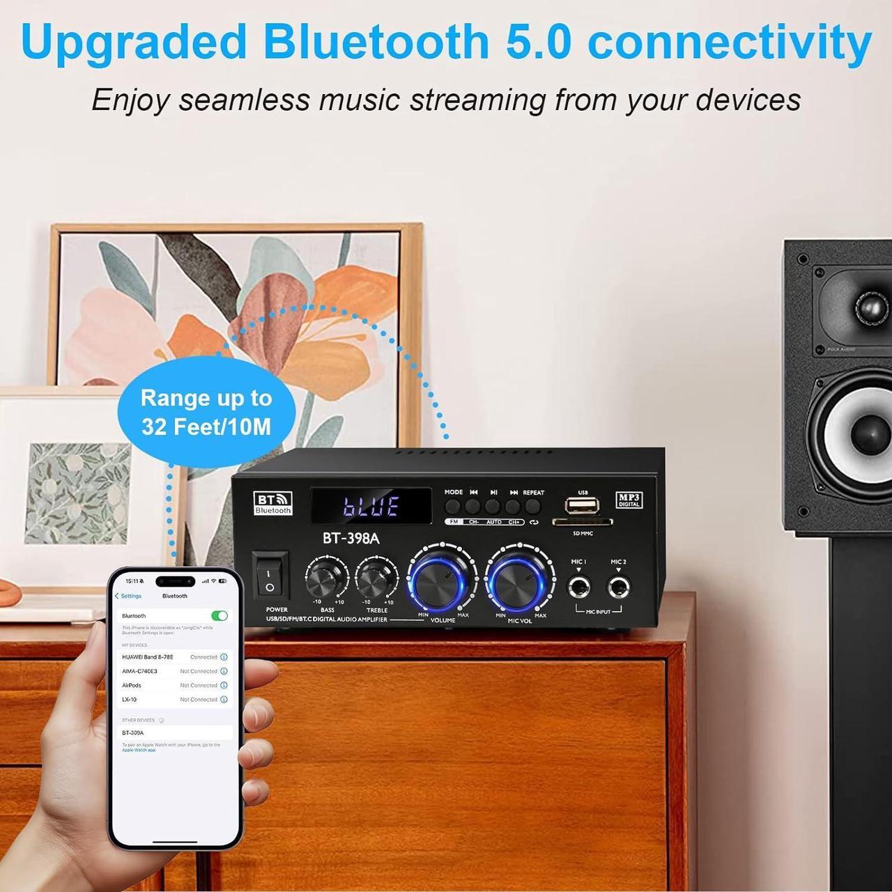 Alt view image 4 of 7 - Stereo Audio Amplifier, 2 Channel 450W x2 Bluetooth 5.0 Home Theater Power Amplifier with FM Radio, USB, SD, Optical & Coaxial Inputs, Amplifier for Passive Speakers and Active subwoofer