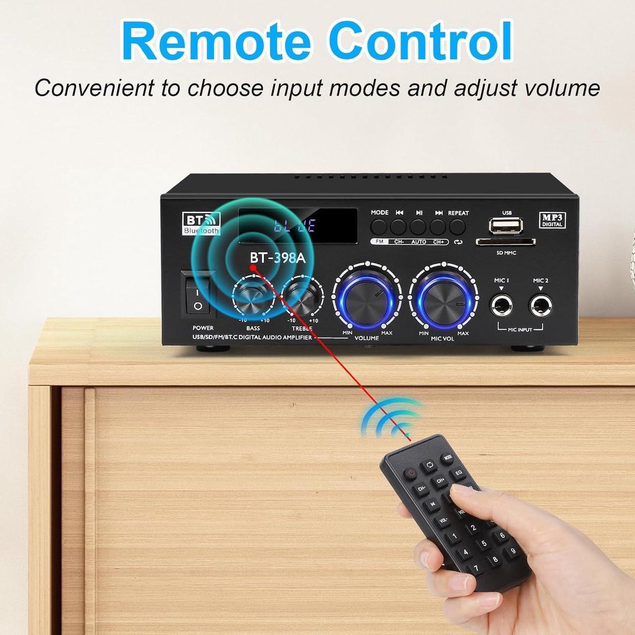 Alt view image 6 of 7 - Stereo Audio Amplifier, 2 Channel 450W x2 Bluetooth 5.0 Home Theater Power Amplifier with FM Radio, USB, SD, Optical & Coaxial Inputs, Amplifier for Passive Speakers and Active subwoofer