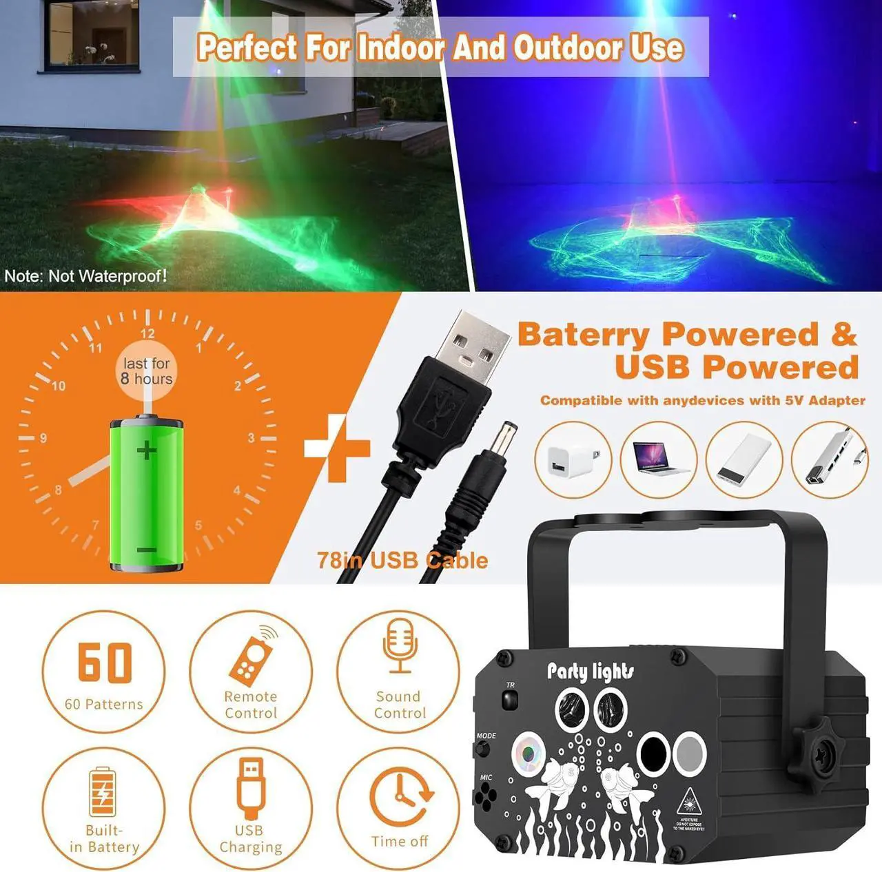 Alt view image 5 of 7 - DJ Disco Party Lights Battery Powered - Northern Laser Light Effect RGB Led Sound Activated Strobe Lighting with Remote Control for Indoor Birthday Halloween Karaoke Club KTV