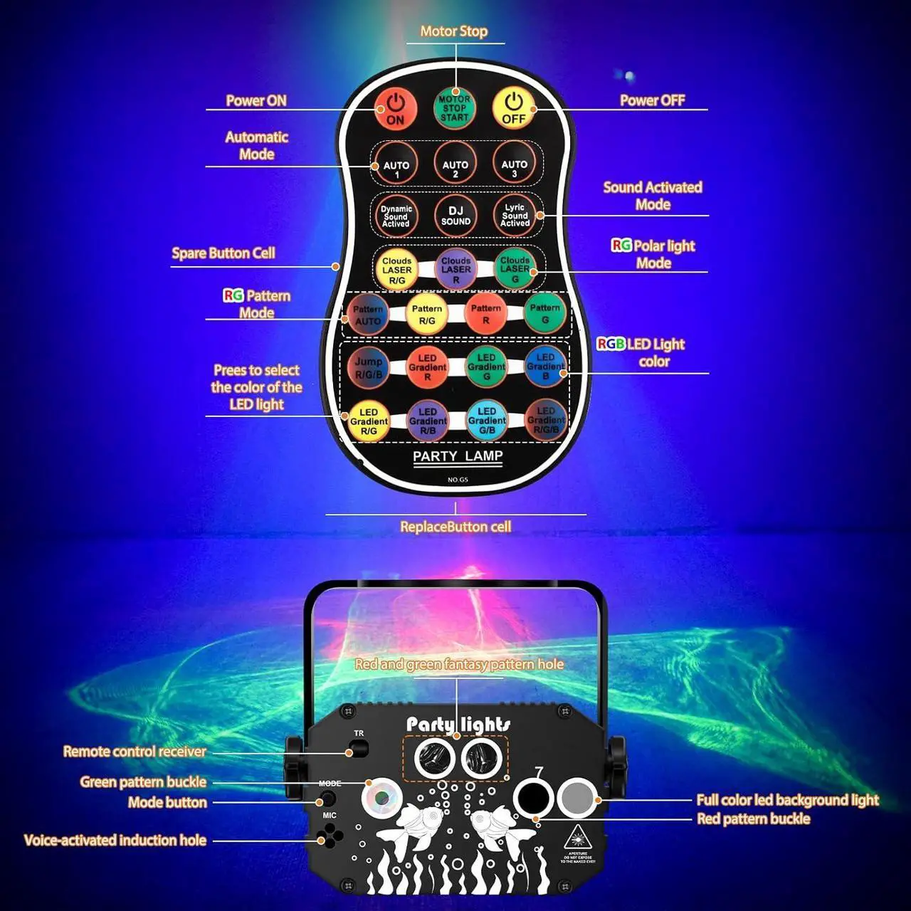 Alt view image 6 of 7 - DJ Disco Party Lights Battery Powered - Northern Laser Light Effect RGB Led Sound Activated Strobe Lighting with Remote Control for Indoor Birthday Halloween Karaoke Club KTV