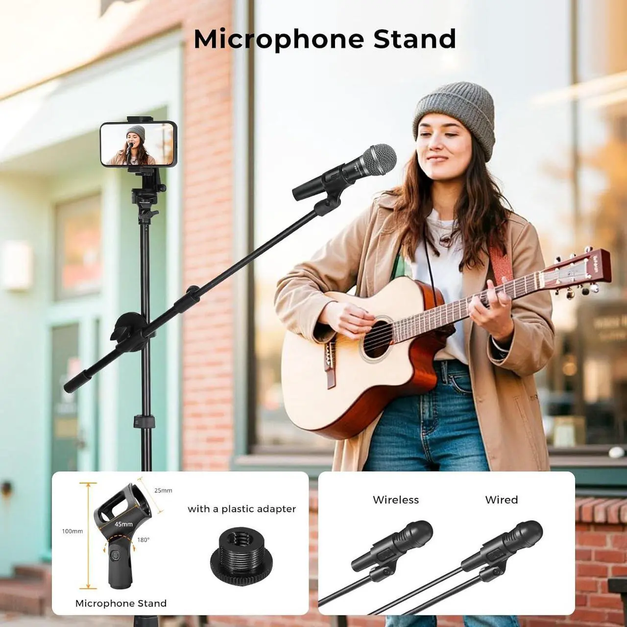 Alt view image 5 of 7 - 12 Selfie Ring Light with Stand & Extendable Arm-Overhead Ringlight Tripod for iPhone with Mic Mount & 2 Phone Holders, Circle Lighting for Tiktok/Live Streaming/Video Recording/Music/Cooking