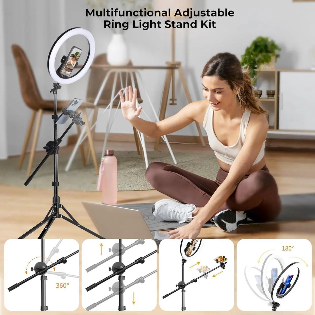 Alt view image 6 of 7 - 12 Selfie Ring Light with Stand & Extendable Arm-Overhead Ringlight Tripod for iPhone with Mic Mount & 2 Phone Holders, Circle Lighting for Tiktok/Live Streaming/Video Recording/Music/Cooking