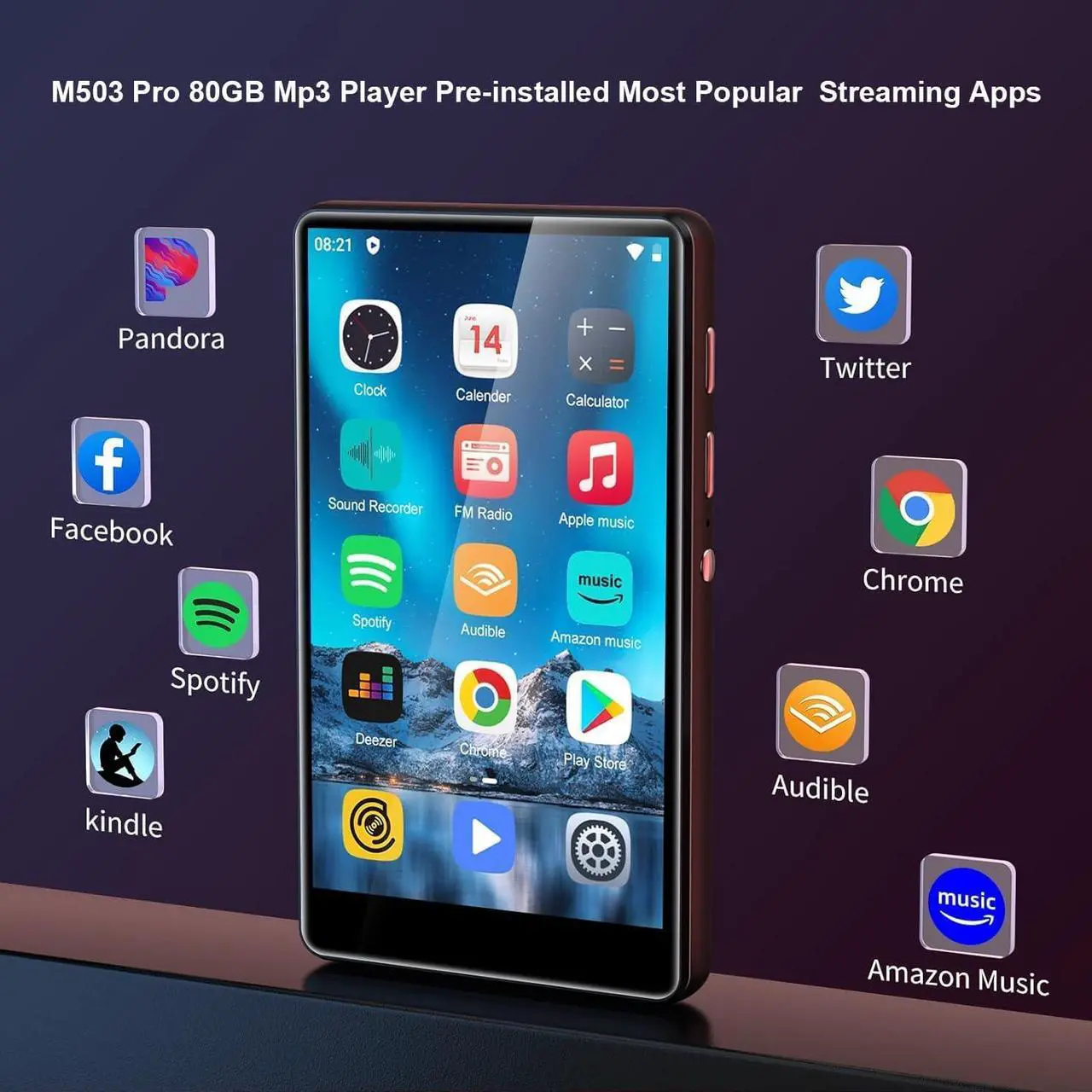 Alt view image 4 of 7 - 80GB Music Player, Mp3 & Mp4 Player with Bluetooth and WiFi with 4" IPS Touch Screen Digital Audio Players, M503 Pro Spotify Player with  Music, Audible, Chrome Browser, Support Up 512GB
