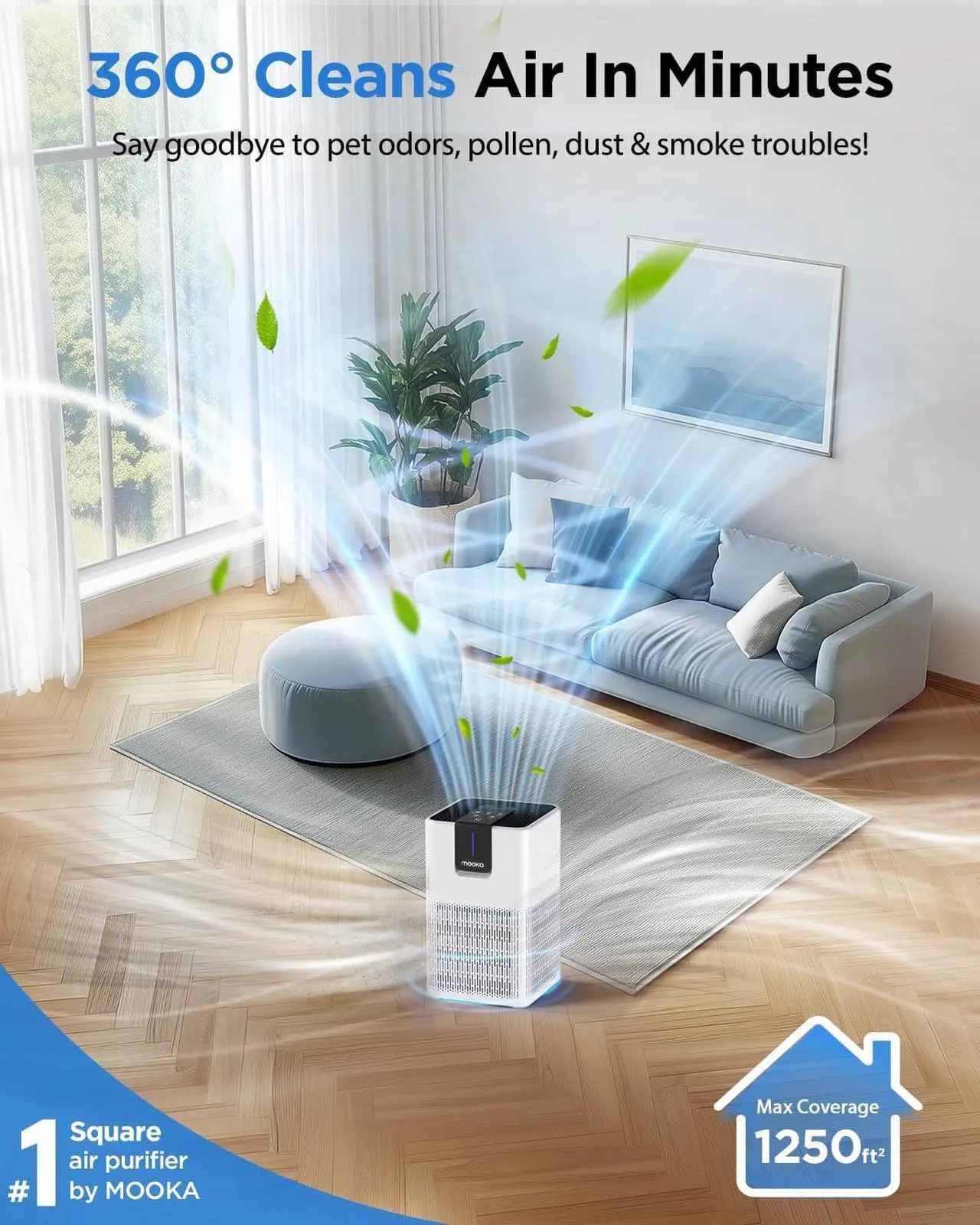 Alt view image 2 of 7 - Air Purifiers for Home Large Room Up to 1250 Ft²,MOOKA H13 HEPA Air Purifier for Pets Dust Odor Smoke,Aromatherapy Function,Air Cleaner with 15dB Quiet Sleep Mode for Bedroom Office Living Room,White