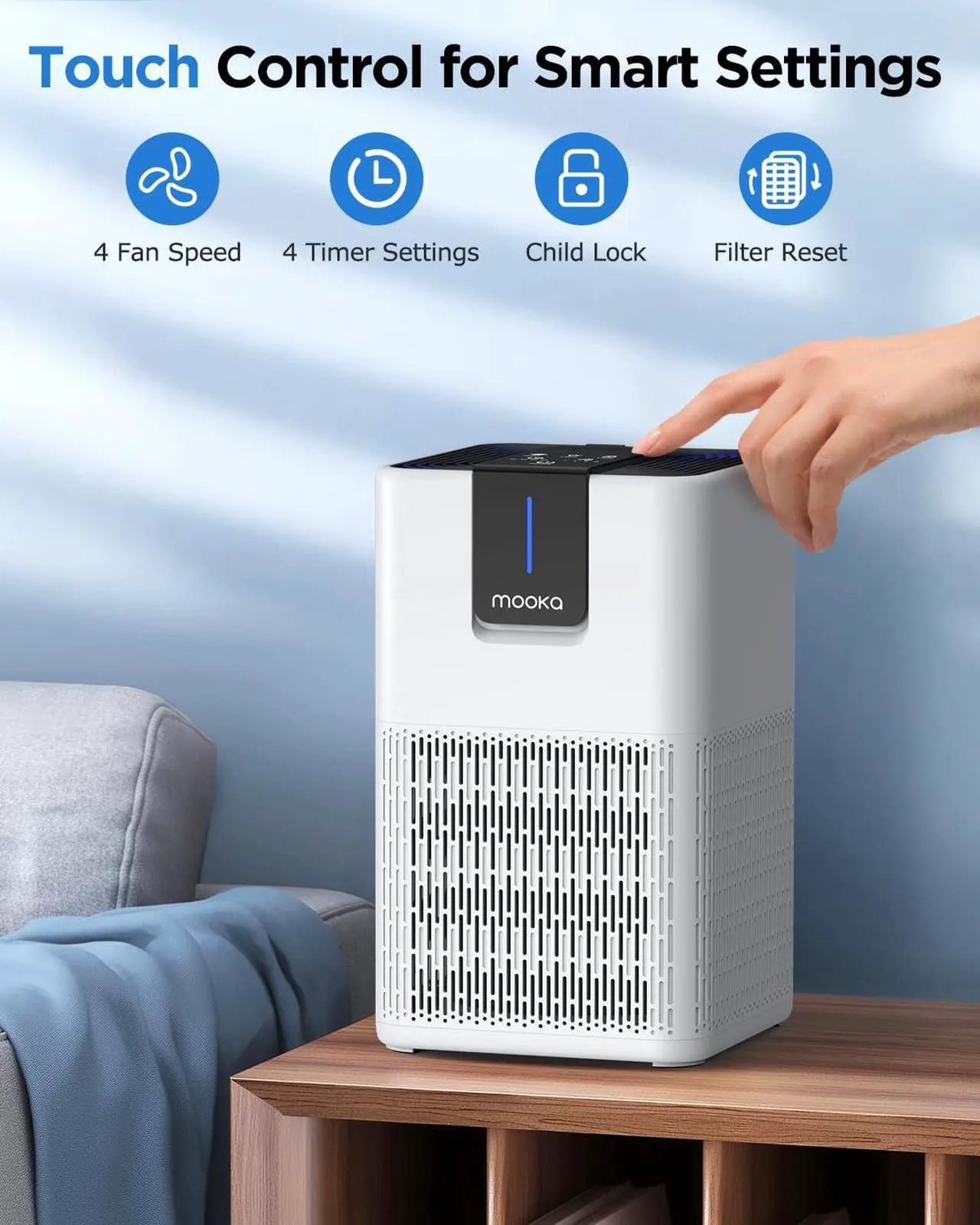 Alt view image 7 of 7 - Air Purifiers for Home Large Room Up to 1250 Ft²,MOOKA H13 HEPA Air Purifier for Pets Dust Odor Smoke,Aromatherapy Function,Air Cleaner with 15dB Quiet Sleep Mode for Bedroom Office Living Room,White