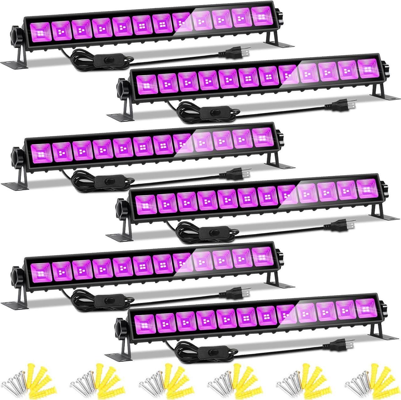 Main image of 6 Pack LED Black Lights, Blacklight Bar Light Up to 3000ft² Area with Switch+Plug+6ft Cable, Glow Party Light Supply for Halloween, Fluorescent Poster, Body Paint, Birthday, Bedroom, Classroom