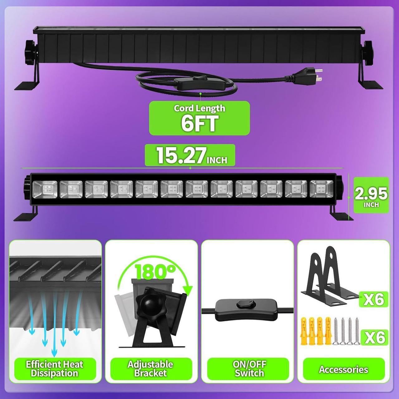 Alt view image 5 of 7 - 6 Pack LED Black Lights, Blacklight Bar Light Up to 3000ft² Area with Switch+Plug+6ft Cable, Glow Party Light Supply for Halloween, Fluorescent Poster, Body Paint, Birthday, Bedroom, Classroom