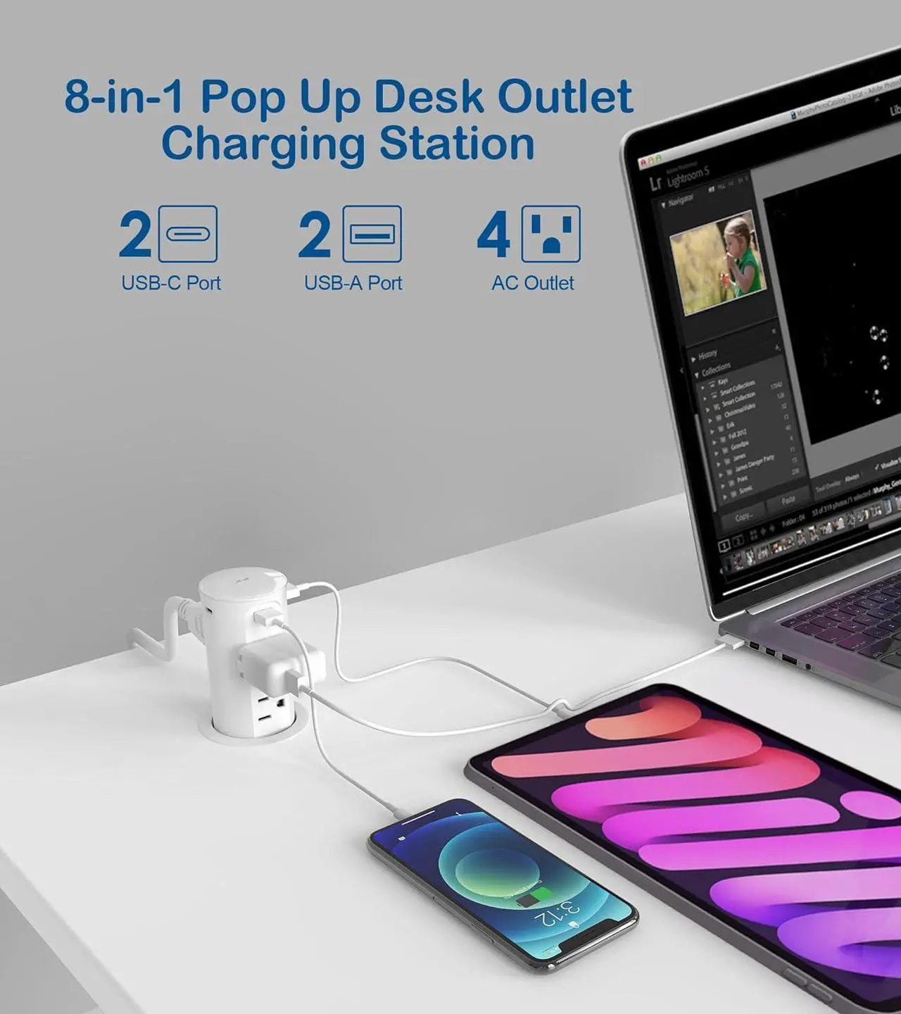 Alt view image 2 of 7 - Outlet for Countertop,2.5 inch Hole Desktop Power Grommet,4 Outlets 4 USB Ports,15Amp Tamper Resistant Receptacle Flush Mount,Space Saver Recessed Outlet for Home,Office White