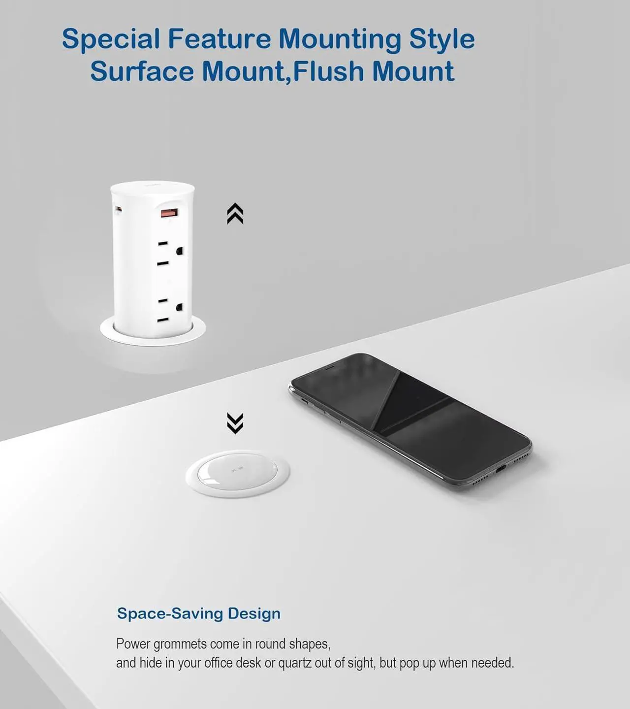 Alt view image 4 of 7 - Outlet for Countertop,2.5 inch Hole Desktop Power Grommet,4 Outlets 4 USB Ports,15Amp Tamper Resistant Receptacle Flush Mount,Space Saver Recessed Outlet for Home,Office White