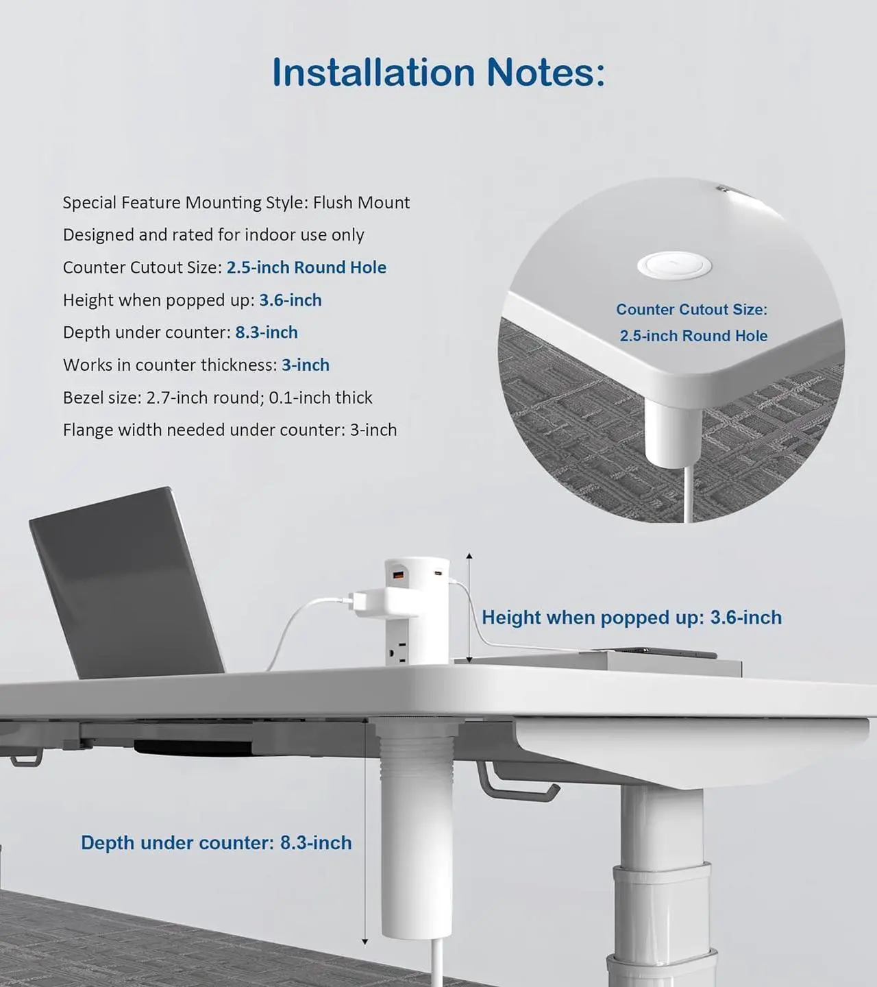 Alt view image 7 of 7 - Outlet for Countertop,2.5 inch Hole Desktop Power Grommet,4 Outlets 4 USB Ports,15Amp Tamper Resistant Receptacle Flush Mount,Space Saver Recessed Outlet for Home,Office White