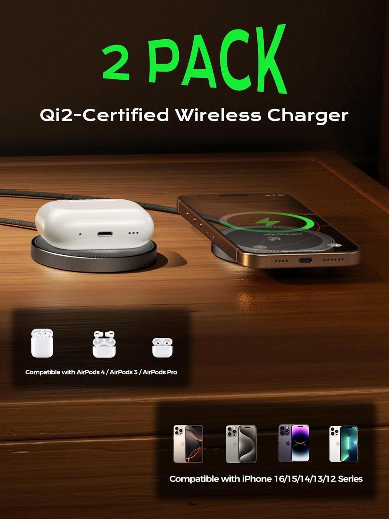 Alt view image 3 of 7 - Qi2 Certified 15W Wireless Charger, Fast Charging Pad Compatible with iPhone 16/15/14/13/12 Series, Magnetic Charger with 5FT USB-C Cable (Black 2Pack)
