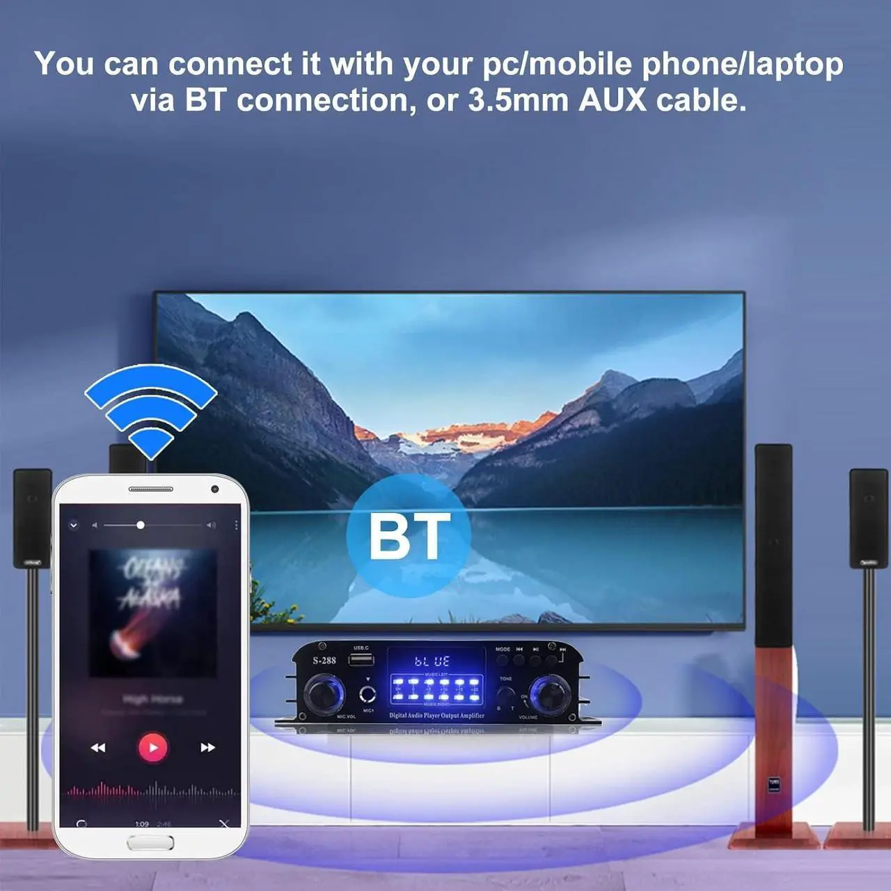 Alt view image 5 of 7 - 4 Channel Bluetooth 5.0 Stereo Amplifier, 50Wx4 HiFi Power Amp, 1200W Max, USB/SD/FM, Class D Home Audio Receiver for Home Theater & Karaoke, Includes Remote & Power Adapter