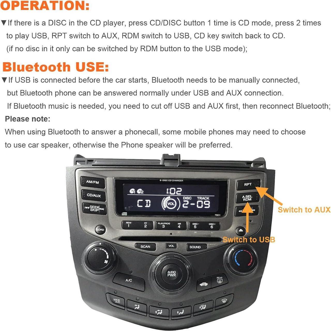 Alt view image 4 of 7 - Bluetooth Car Kit, 3 in 1 Car Audio Input Adapter with AUX USB Bluetooth for Honda Accord Civic CRV Odyssey Fit Pilot Element Ridgeline Acura MDX TSX CSX