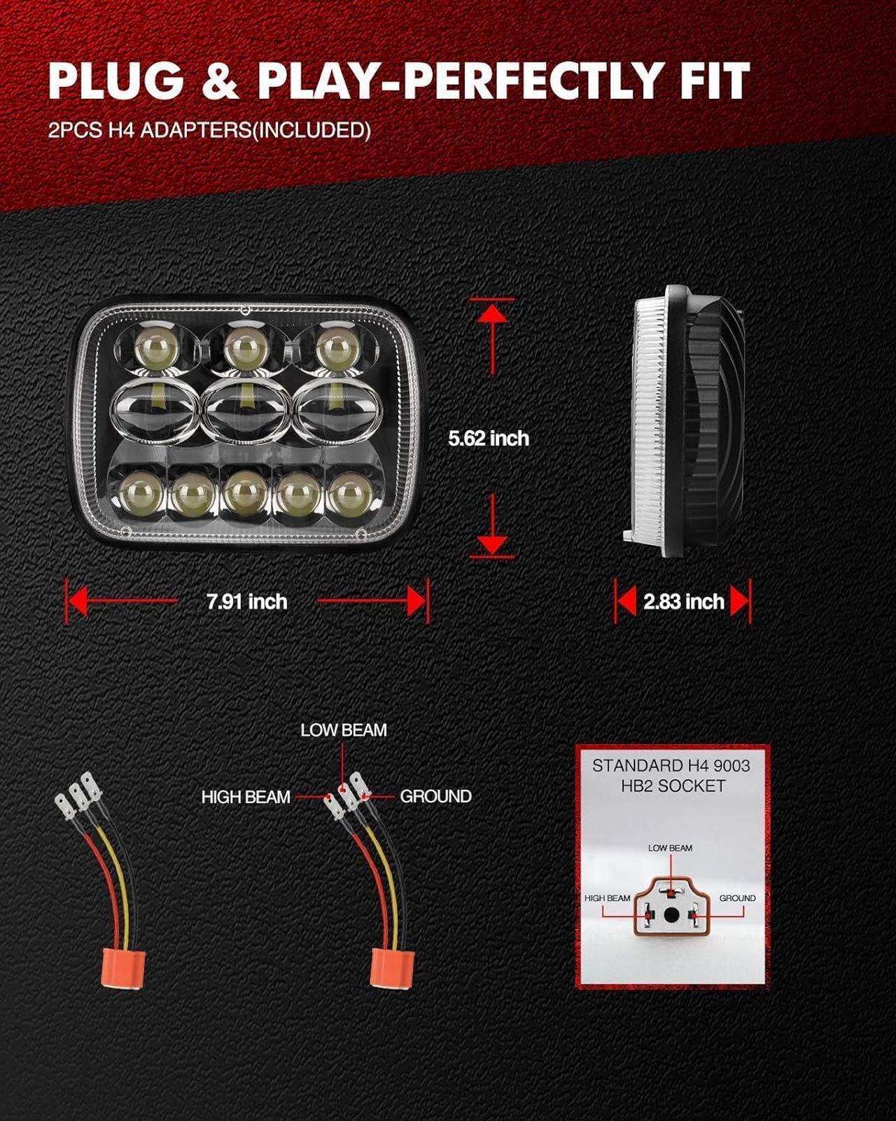 Alt view image 6 of 6 - 7x6 5x7 Led Headlights 300% Brighter Upgraded Led Sealed Beam Headlamps with High Low Beam H6054 6054 Led Headlights Replacement for YJ Cherokee XJ Savana Truck with H4 Adapters
