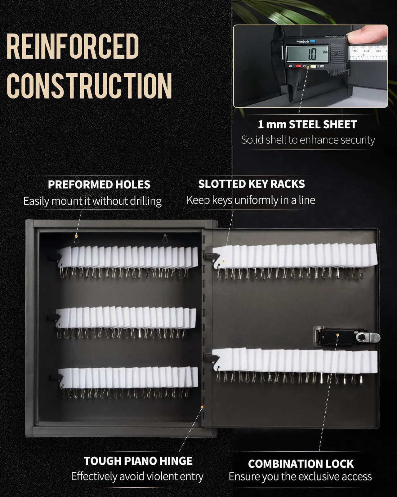 Alt view image 7 of 7 - 100 Position Slotted Key Cabinet with Combination & Key Lock Resettable Black Digital Security Storage Box Steel Key Organizer with Slotted Racks White Key Tag Labels and Permanent Pen