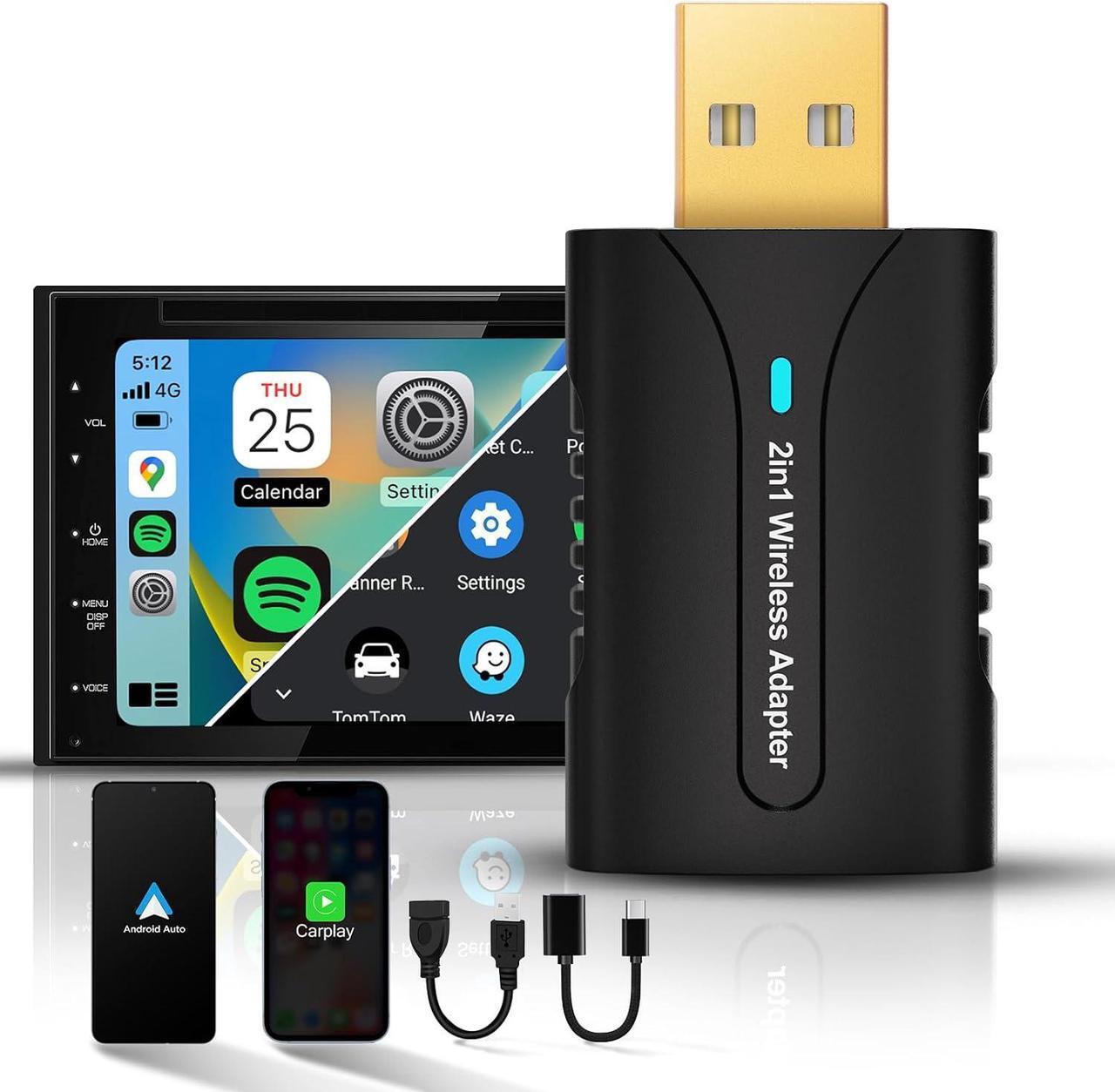 Main image of 2in1 CarPlay Android Auto Wireless Adapter, Mini Car Play Dongle Android Auto Cars Stick, Stability Automatic Connection for OEM Wired CarPlay Android Auto 2025 Upgrade, Black