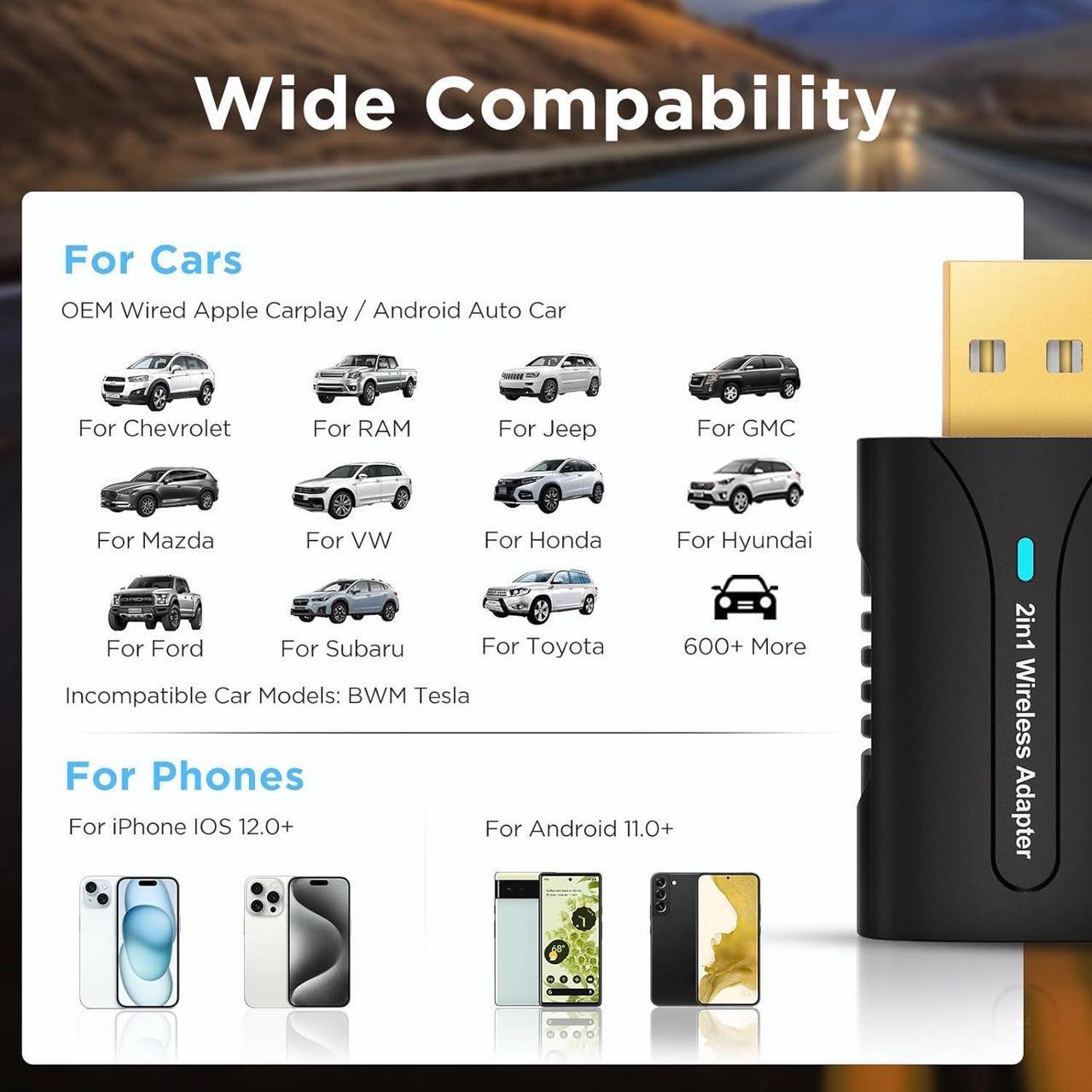 Alt view image 7 of 7 - 2in1 CarPlay Android Auto Wireless Adapter, Mini Car Play Dongle Android Auto Cars Stick, Stability Automatic Connection for OEM Wired CarPlay Android Auto 2025 Upgrade, Black
