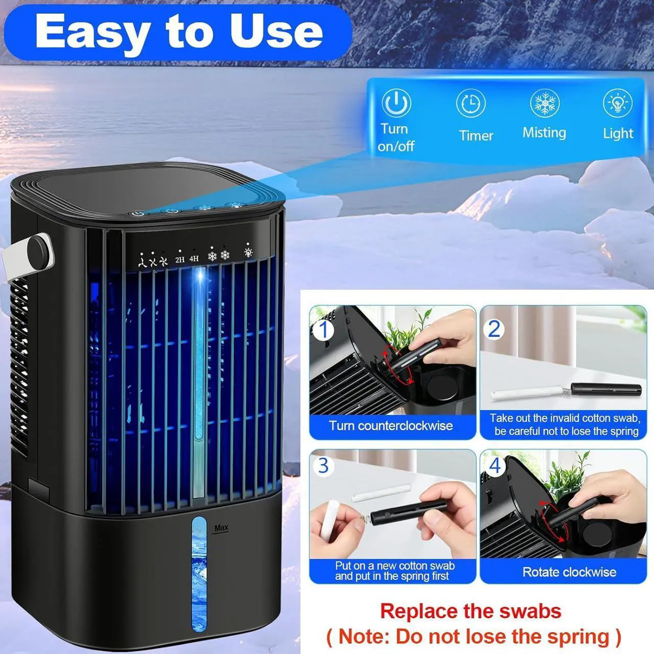 Alt view image 4 of 7 - Portable Air Conditioners - Portable AC Small Personal Air Cooler Fan, Quiet Mini Mobile Cooling Fan with Handle,2/4H Timer 3 Speeds,Desk Air Conditioner with 7 Color for Home Office Car Work Outdoor