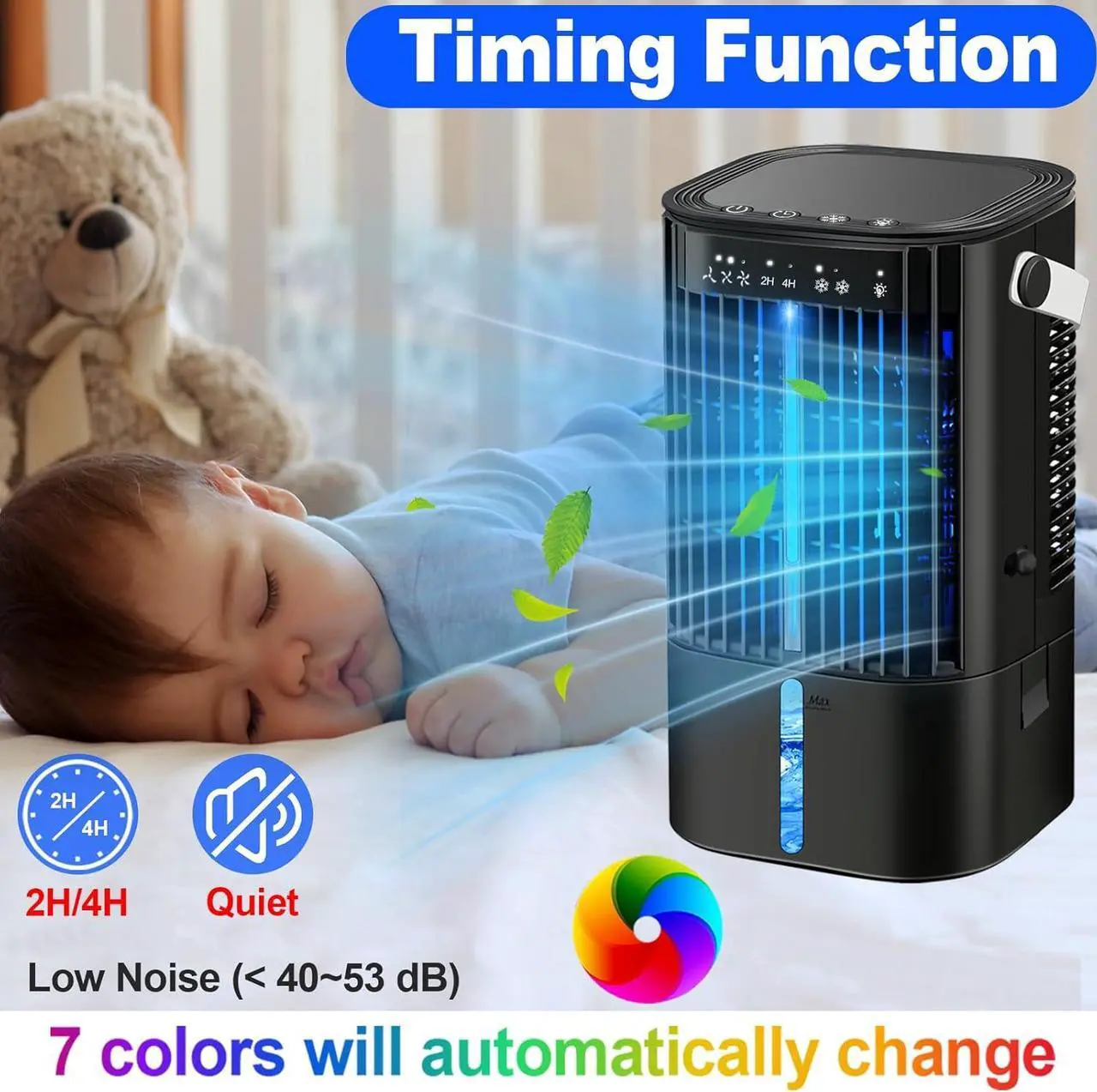 Alt view image 5 of 7 - Portable Air Conditioners - Portable AC Small Personal Air Cooler Fan, Quiet Mini Mobile Cooling Fan with Handle,2/4H Timer 3 Speeds,Desk Air Conditioner with 7 Color for Home Office Car Work Outdoor