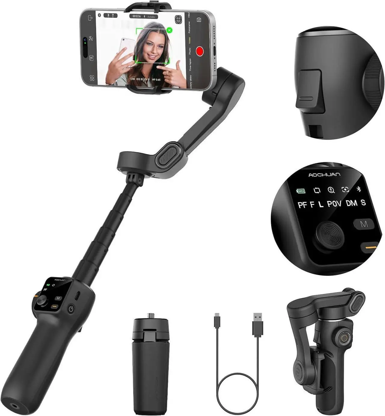 Main image of 3-axis Gimbal Stabilizer w/Built-in 7.8' Extension Rod, Vlogging Phone Gimbal w/AI Tracking, Portable Smartphone Holder for iPhone w/Full-Screen OLED Display, Trigger Button Smart V8(Black)