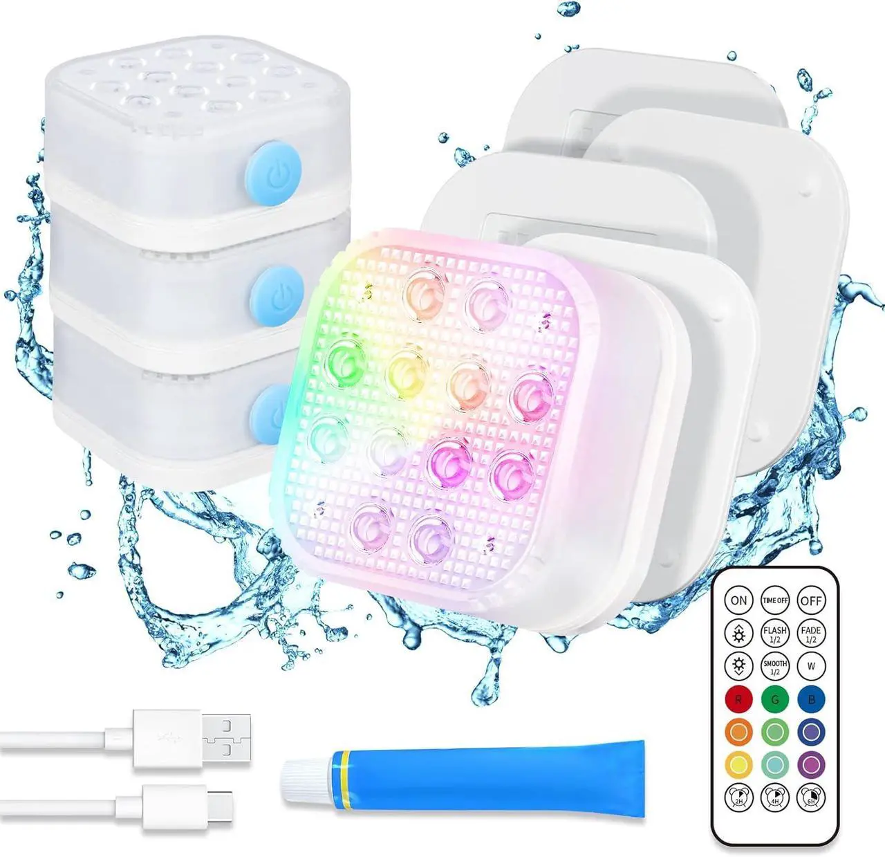 Main image of Rechargeable Submersible Pool Lights with Remote, Waterproof Underwater Charging Battery Operated Controlled 16 Color Changing LED with Magnet Floating Lights Pool Pond Decoration 4 Pack