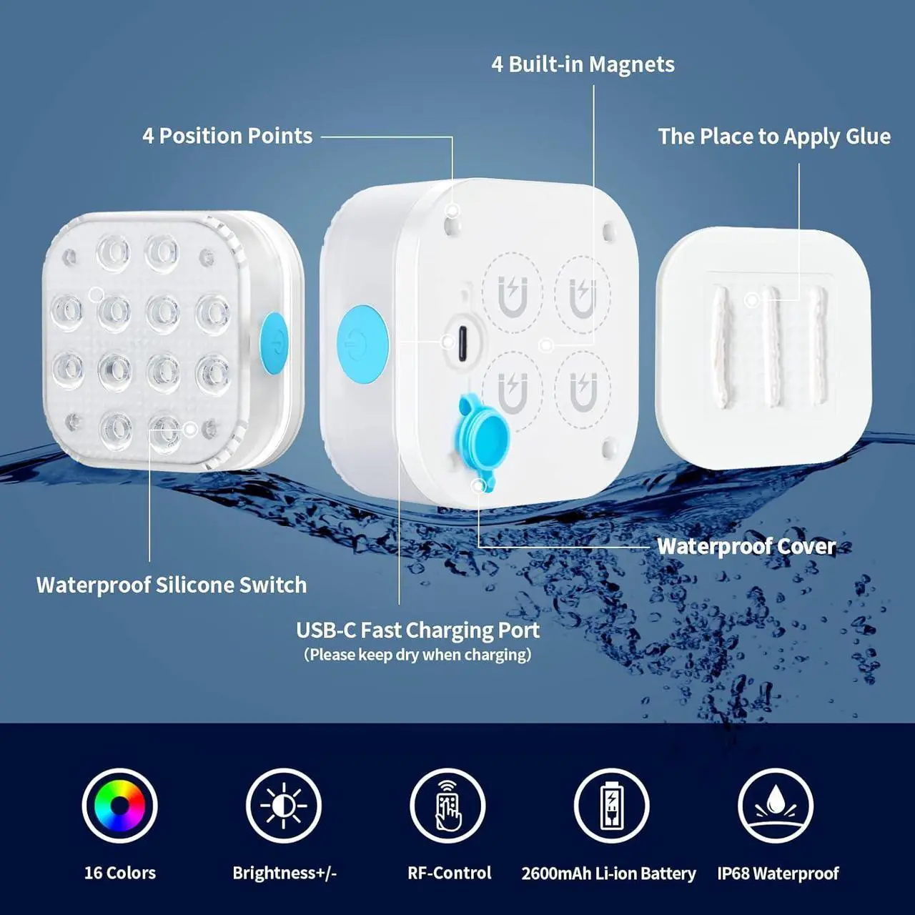 Alt view image 3 of 6 - Rechargeable Submersible Pool Lights with Remote, Waterproof Underwater Charging Battery Operated Controlled 16 Color Changing LED with Magnet Floating Lights Pool Pond Decoration 4 Pack