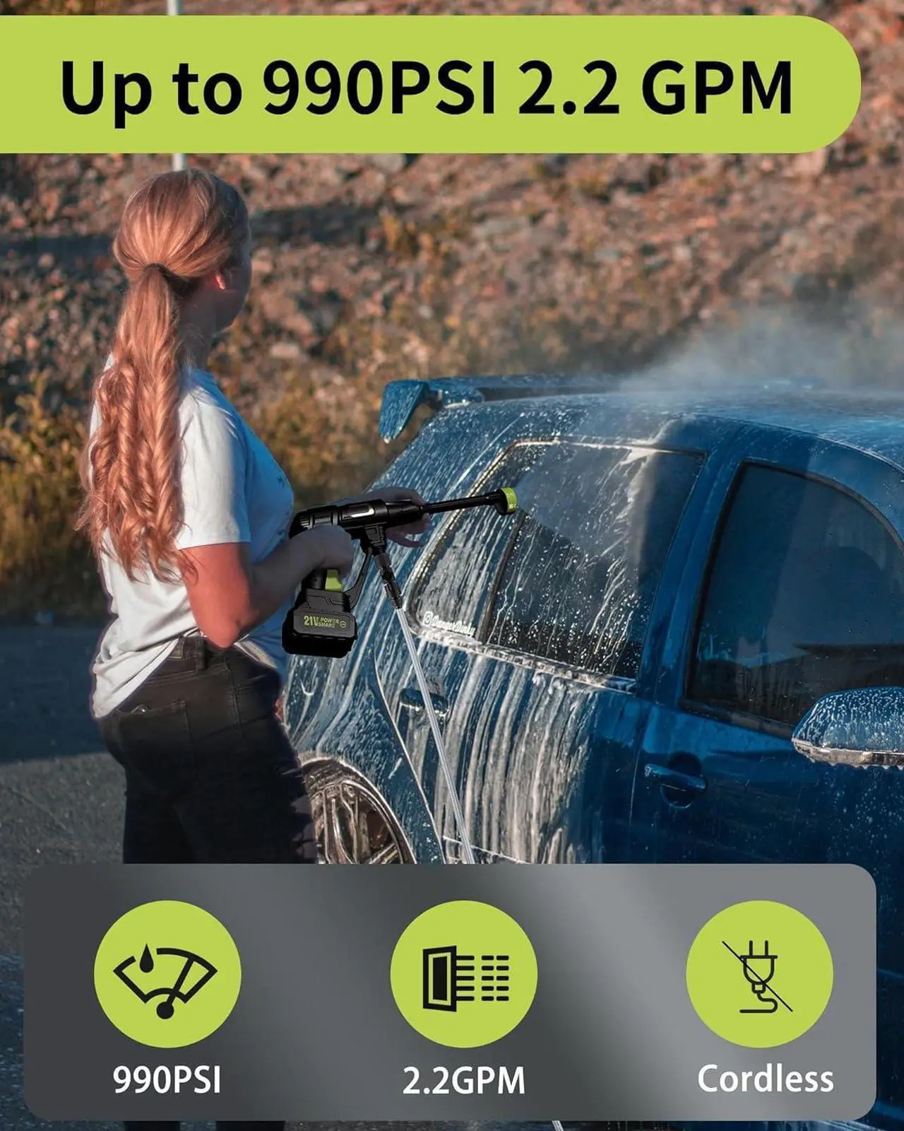 Alt view image 2 of 7 - Pressure Washer Battery Powered; 990 PSI Cordless Power Washer with 4.0Ah Battery&Charger & 6-in-1 Nozzle; Portable Power Washer Cordless for Home; Battery Pressure Washer for Car Wash, Yard