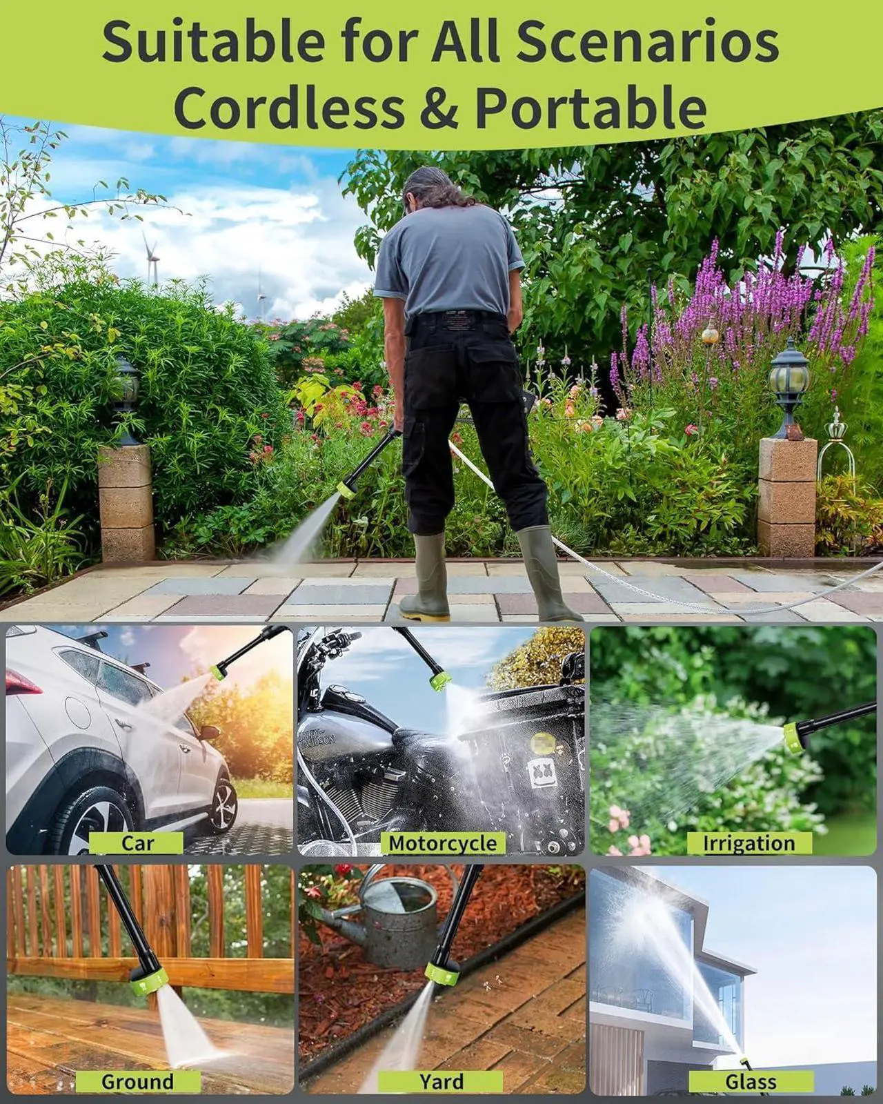 Alt view image 5 of 7 - Pressure Washer Battery Powered; 990 PSI Cordless Power Washer with 4.0Ah Battery&Charger & 6-in-1 Nozzle; Portable Power Washer Cordless for Home; Battery Pressure Washer for Car Wash, Yard