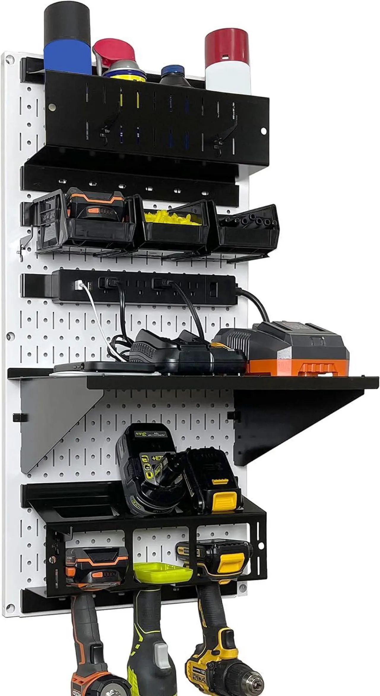 Main image of Wall Control Power Tool Storage Organizer Kit Cordless Drill Holder Charging Station Rack 16 x 32 Metal Pegboard Organization System (White Pegboard)
