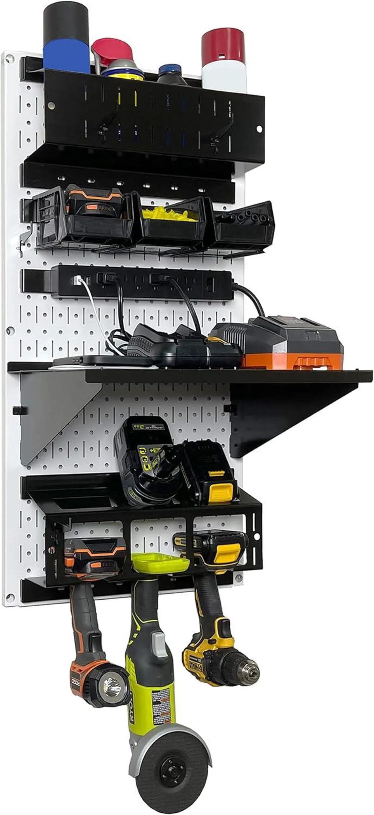 Alt view image 3 of 7 - Wall Control Power Tool Storage Organizer Kit Cordless Drill Holder Charging Station Rack 16 x 32 Metal Pegboard Organization System (White Pegboard)