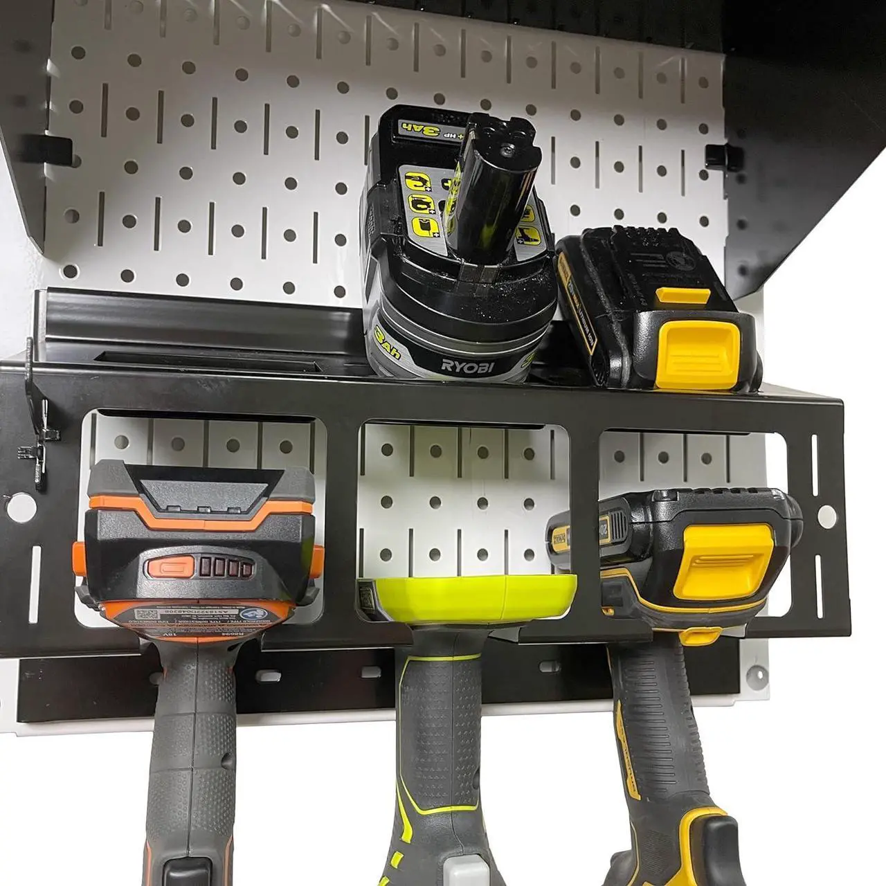 Alt view image 4 of 7 - Wall Control Power Tool Storage Organizer Kit Cordless Drill Holder Charging Station Rack 16 x 32 Metal Pegboard Organization System (White Pegboard)