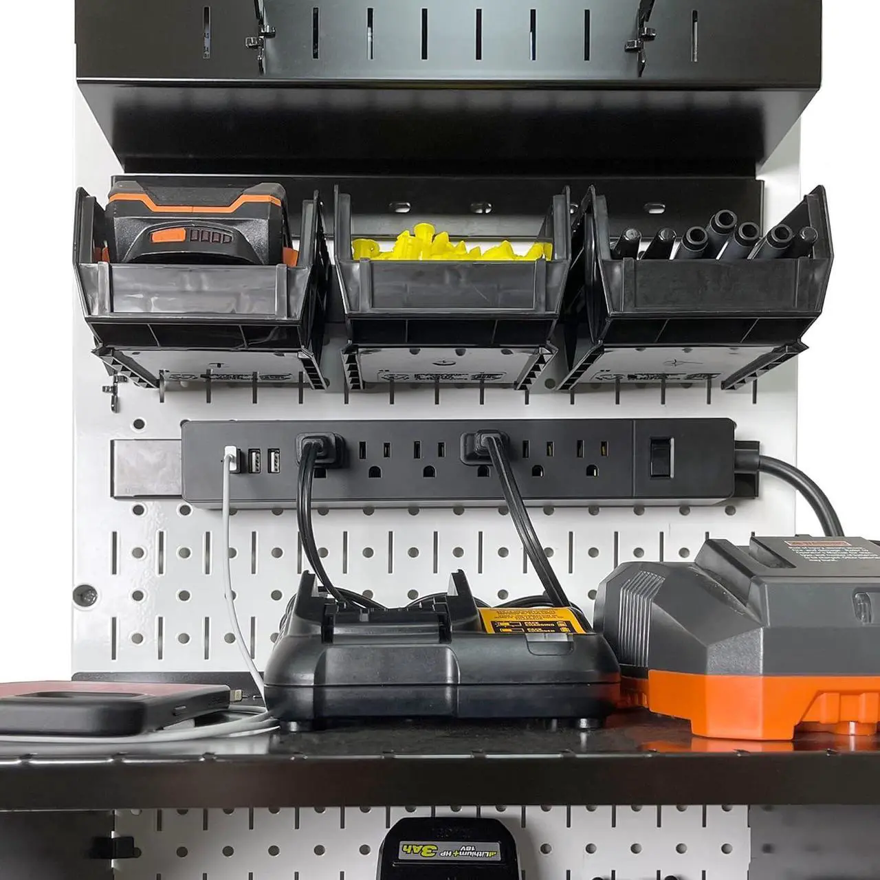 Alt view image 5 of 7 - Wall Control Power Tool Storage Organizer Kit Cordless Drill Holder Charging Station Rack 16 x 32 Metal Pegboard Organization System (White Pegboard)