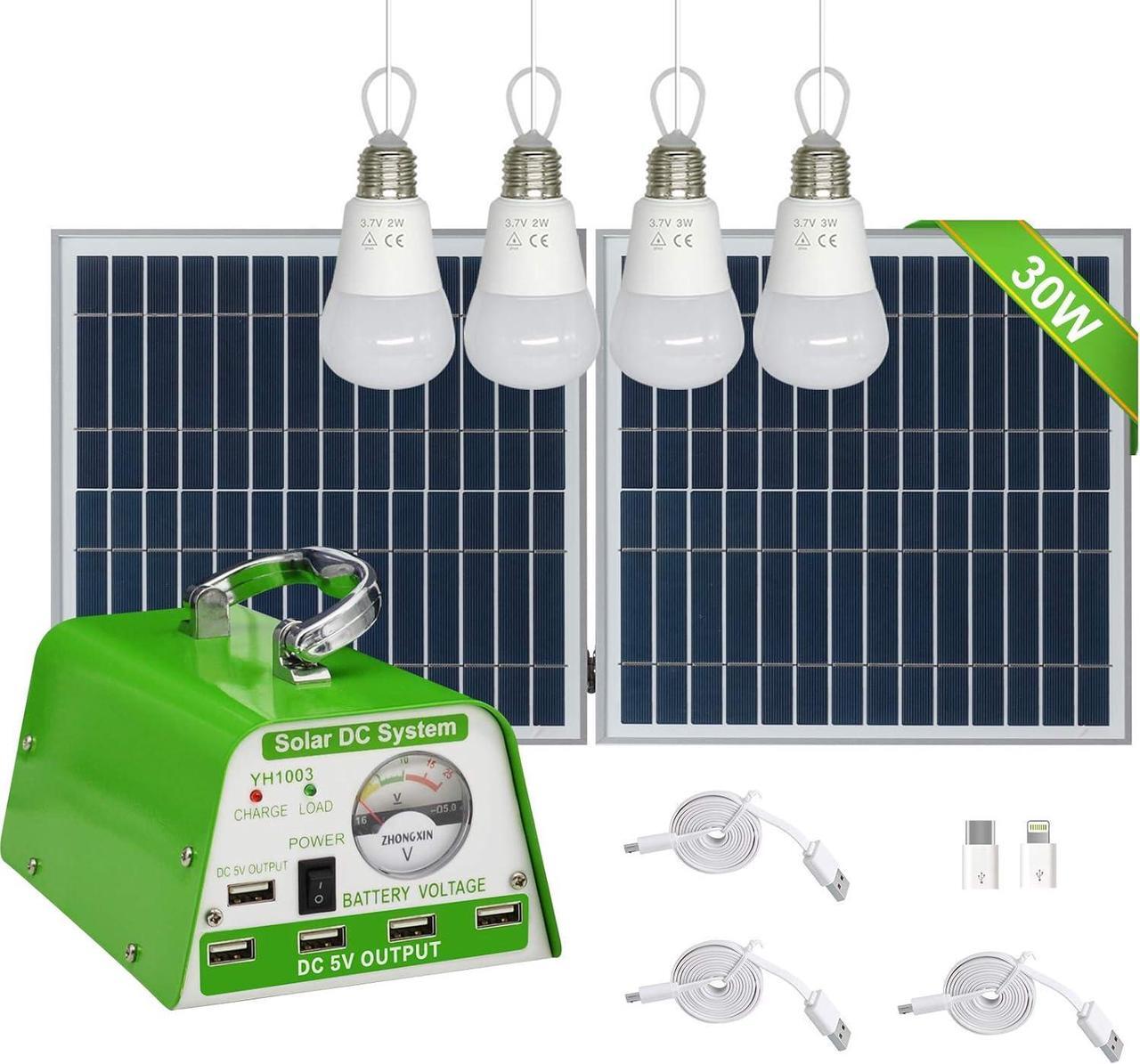 Main image of Solar Lights for Inside, 4 Bulbs Solar Shed Lights with On Off Switch, 30W Solar Panel Kit 115WH Backup Battery with Phone Charger, AC to DC Adapter, Home Solar Power System Complete Kit