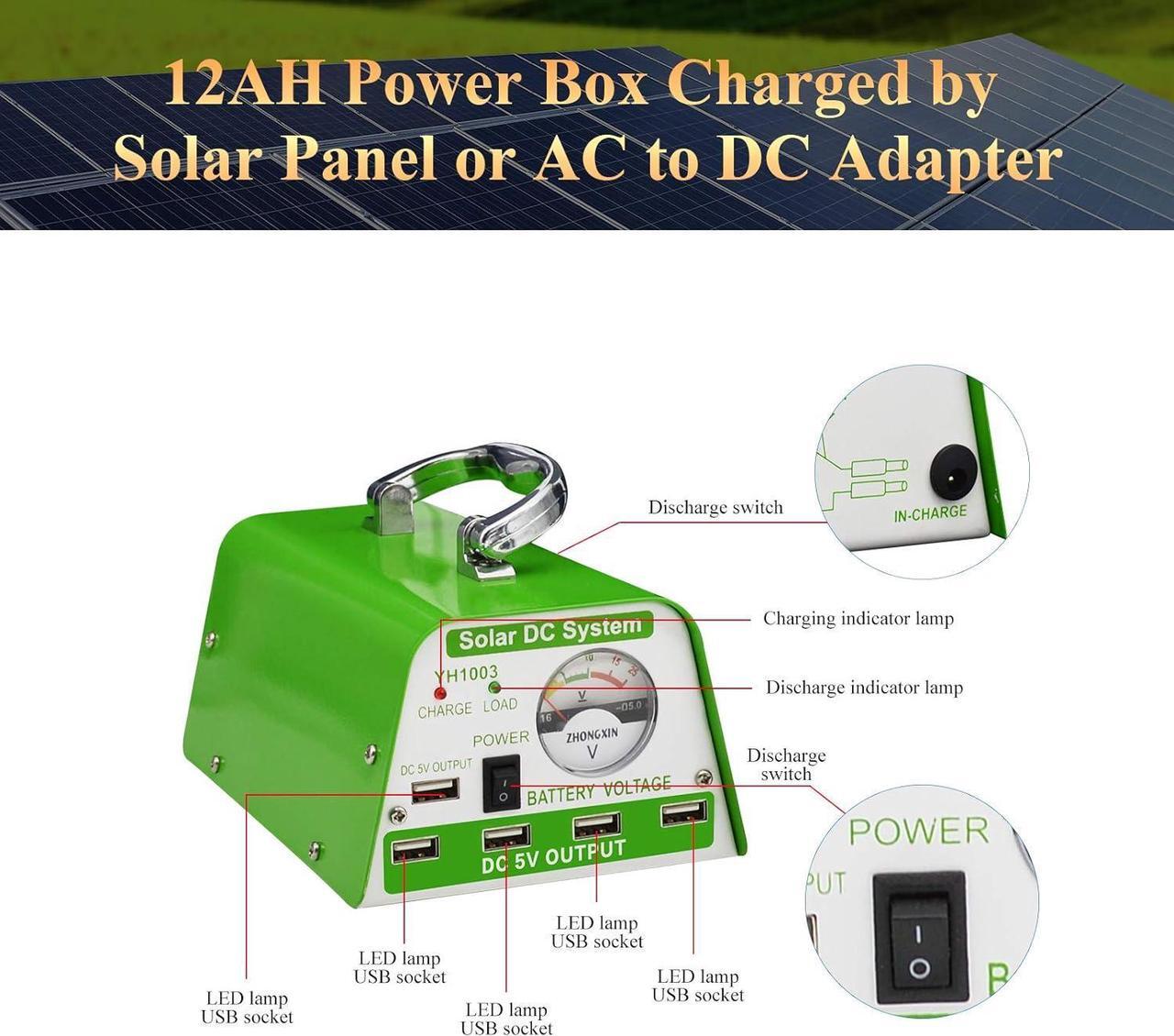 Alt view image 5 of 7 - Solar Lights for Inside, 4 Bulbs Solar Shed Lights with On Off Switch, 30W Solar Panel Kit 115WH Backup Battery with Phone Charger, AC to DC Adapter, Home Solar Power System Complete Kit