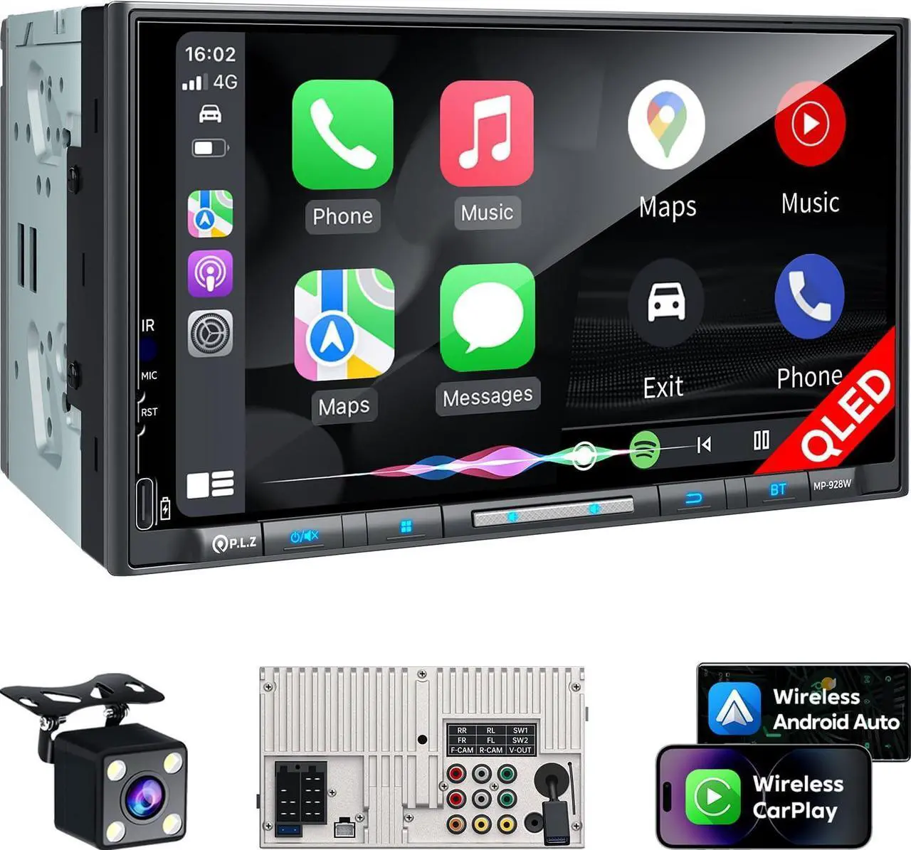 Main image of Wireless Double Din Car Stereo  Carplay Radio QLED Screen for Car, Android Auto, Bluetooth 5.3, Fast Charger, 1080P Backup Camera, 4.2 Channel Outputs 240W, 2 Subwoofer