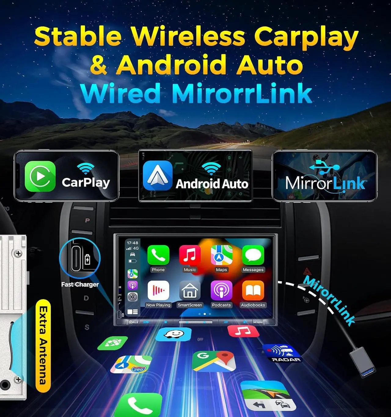 Alt view image 2 of 7 - Wireless Double Din Car Stereo  Carplay Radio QLED Screen for Car, Android Auto, Bluetooth 5.3, Fast Charger, 1080P Backup Camera, 4.2 Channel Outputs 240W, 2 Subwoofer