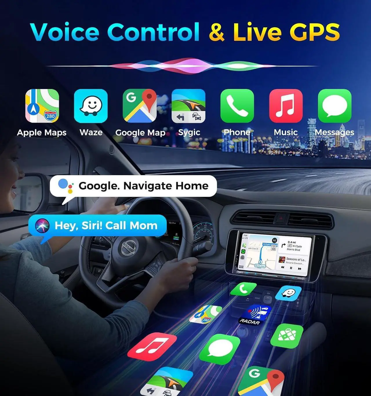Alt view image 4 of 7 - Wireless Double Din Car Stereo  Carplay Radio QLED Screen for Car, Android Auto, Bluetooth 5.3, Fast Charger, 1080P Backup Camera, 4.2 Channel Outputs 240W, 2 Subwoofer