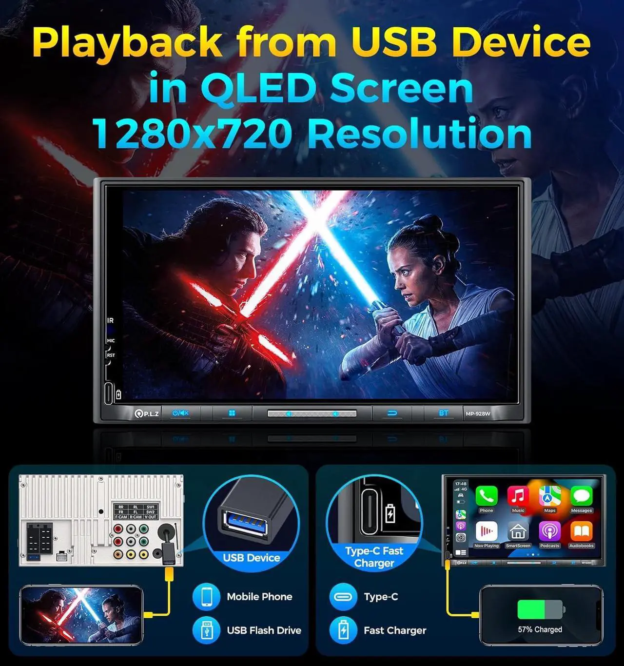 Alt view image 6 of 7 - Wireless Double Din Car Stereo  Carplay Radio QLED Screen for Car, Android Auto, Bluetooth 5.3, Fast Charger, 1080P Backup Camera, 4.2 Channel Outputs 240W, 2 Subwoofer