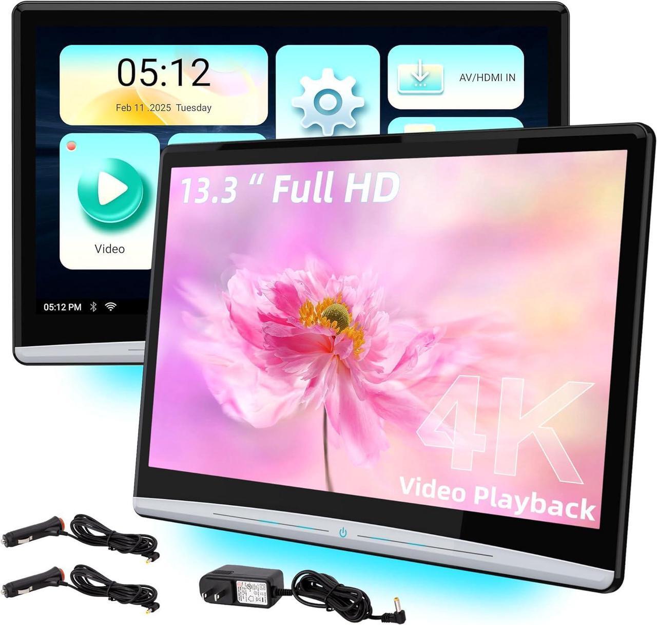 Main image of Android 11 Car Headrest Video Players with 2.4G/5G Dual Brand WiFi, Dual Rear Seat TV Monitors Can Sync Screens, IPS Touch Screen 4K Tablets, HDMI Out/in Bluetooth FM USB-2G+32G