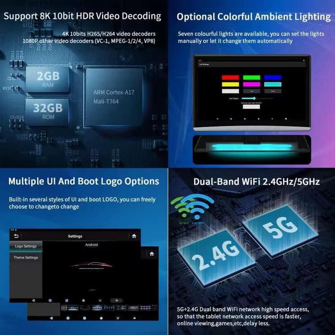 Alt view image 7 of 7 - Android 11 Car Headrest Video Players with 2.4G/5G Dual Brand WiFi, Dual Rear Seat TV Monitors Can Sync Screens, IPS Touch Screen 4K Tablets, HDMI Out/in Bluetooth FM USB-2G+32G