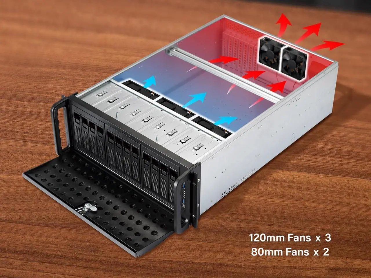 Alt view image 3 of 6 - 4U Server Chassis Hot Swap HDD 12 Bay Rack Mount Server Case, Support 12x 3.5 HDD Bays E-ATX Board, Rackmount Server Case Include Front 3X 120mm Fans Rear 2X 80mm Fans, 25" Deep RSV-L4412U
