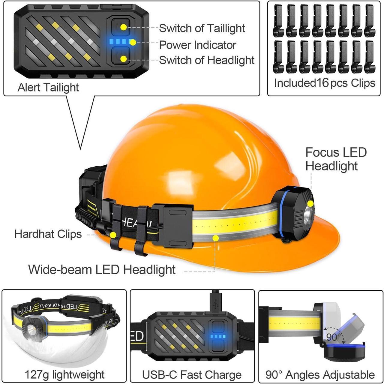 Alt view image 4 of 7 - LED Headlamp, 1000lumens 230° Widebeam Headlight 4 Packs, USB Rechargeable HeadLamp with Red Taillight, Lightweight Waterproof Headband Light for Camping Running Hiking, Hard Hat Headlamp