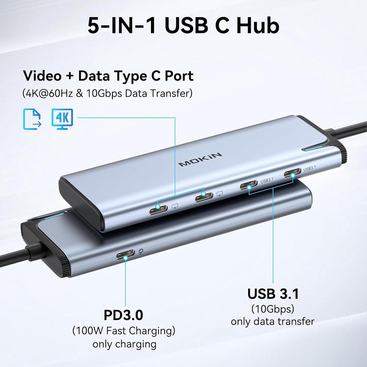 Alt view image 2 of 7 - USB C to USB C Hub Dual Monitor, USBC Splitter with 4K@60Hz DP Alt Mode Video Output, 10Gbps Data Transfer, 100W PD Charging, Dual Monitor Adapter for Laptop, Portable Monitor and More Type C Devices