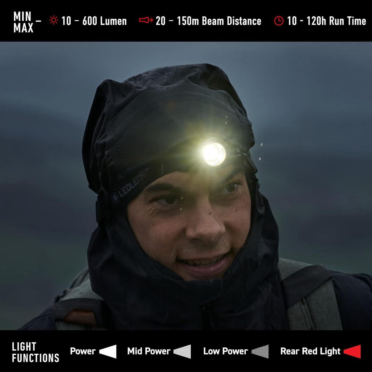 Alt view image 4 of 6 - MH10 Rechargeable Headlamp, High Power LED, Water Resistant, 600 Lumens, Hands-Free Light for Outdoor Use, Camping, Tactical, Hunting, Fishing, Black