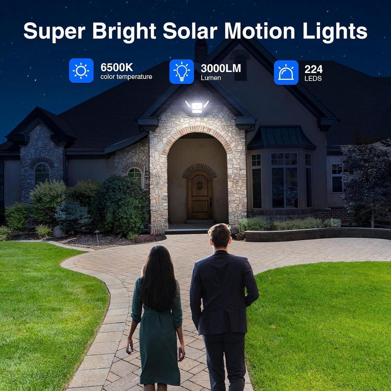 Alt view image 3 of 7 - Outdoor Solar Lights for Outside, 324 LED 3000LM Motion Sensor Outdoor Lights Waterproof IP65, 4 Heads Solar Powered Flood Security Light with Remote Control & 3 Mode for House Yard 4 Pack