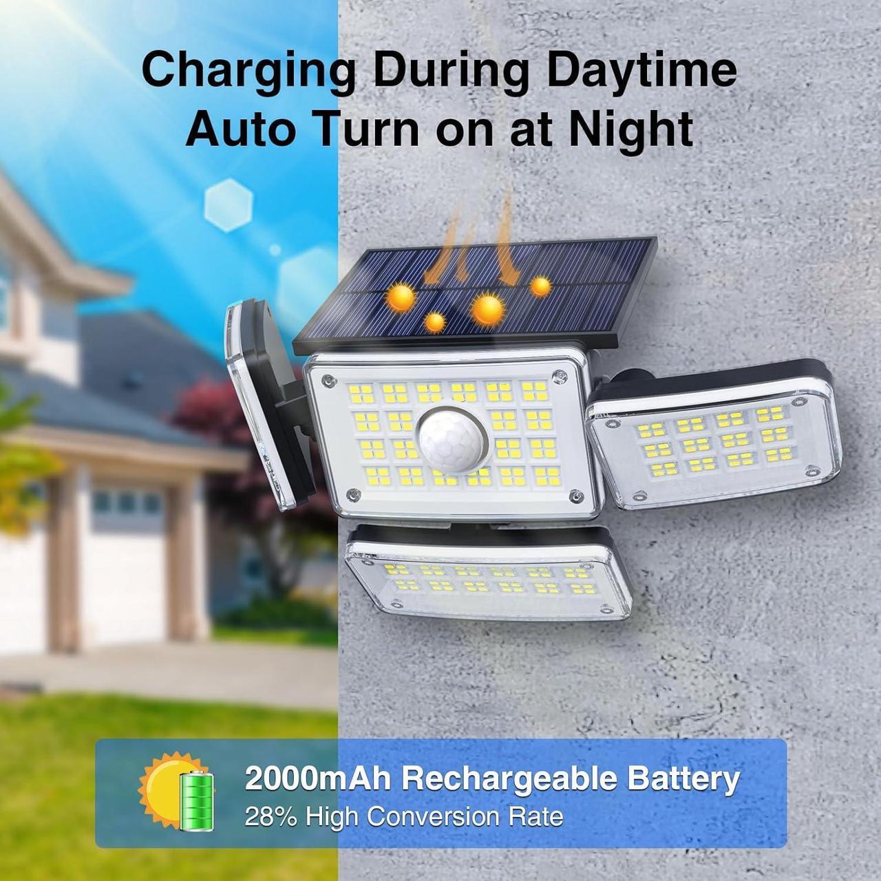 Alt view image 7 of 7 - Outdoor Solar Lights for Outside, 324 LED 3000LM Motion Sensor Outdoor Lights Waterproof IP65, 4 Heads Solar Powered Flood Security Light with Remote Control & 3 Mode for House Yard 4 Pack
