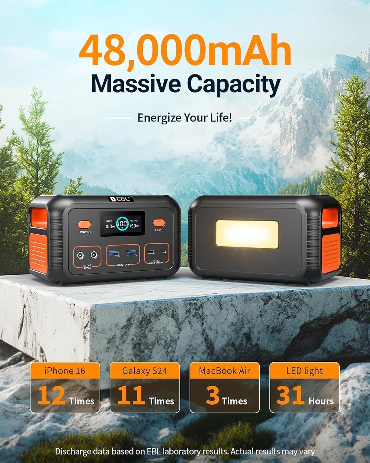 Alt view image 3 of 6 - Power Bank Portable Power Station 153Wh, Outdoor Generator 150W with LiFePO4 Battery, Bi-directional Fast Charging, Home Backup for Travel, Camping