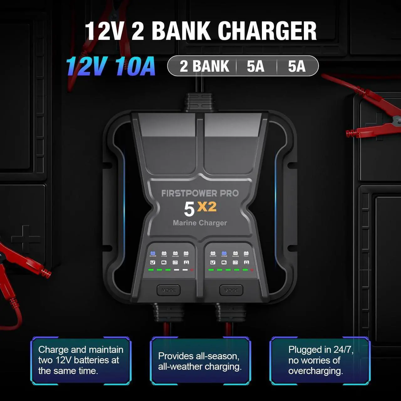 Alt view image 2 of 7 - 2 Bank Marine Battery Charger 5X2, 10A (5A/Bank) - 12V Waterproof Onboard Battery Charger, Battery Maintainer & Desulfator for SLA/AGM, Lithium (LiFePO4), Calcium & Deep-Cycle Battery- Charged 24/7
