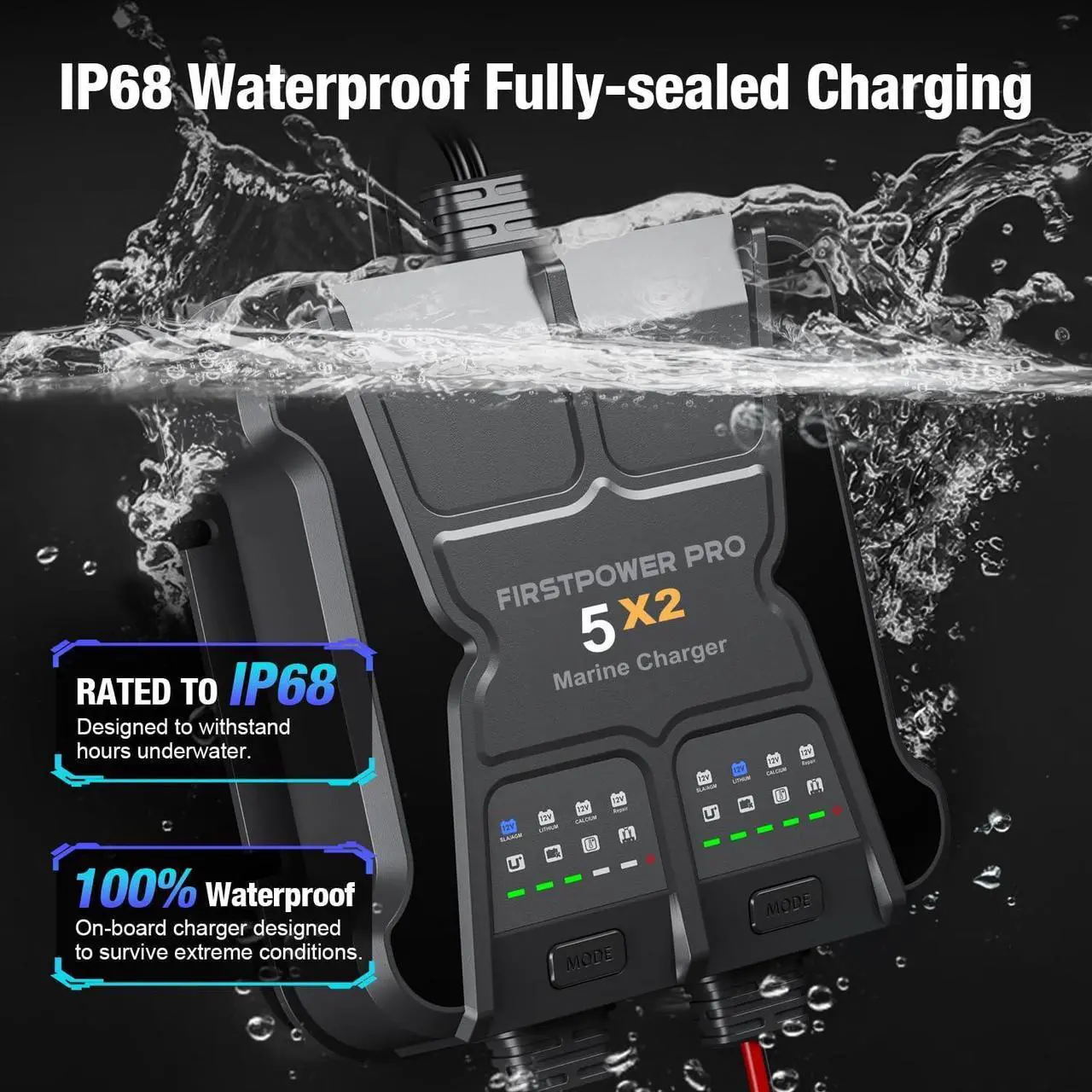 Alt view image 3 of 7 - 2 Bank Marine Battery Charger 5X2, 10A (5A/Bank) - 12V Waterproof Onboard Battery Charger, Battery Maintainer & Desulfator for SLA/AGM, Lithium (LiFePO4), Calcium & Deep-Cycle Battery- Charged 24/7