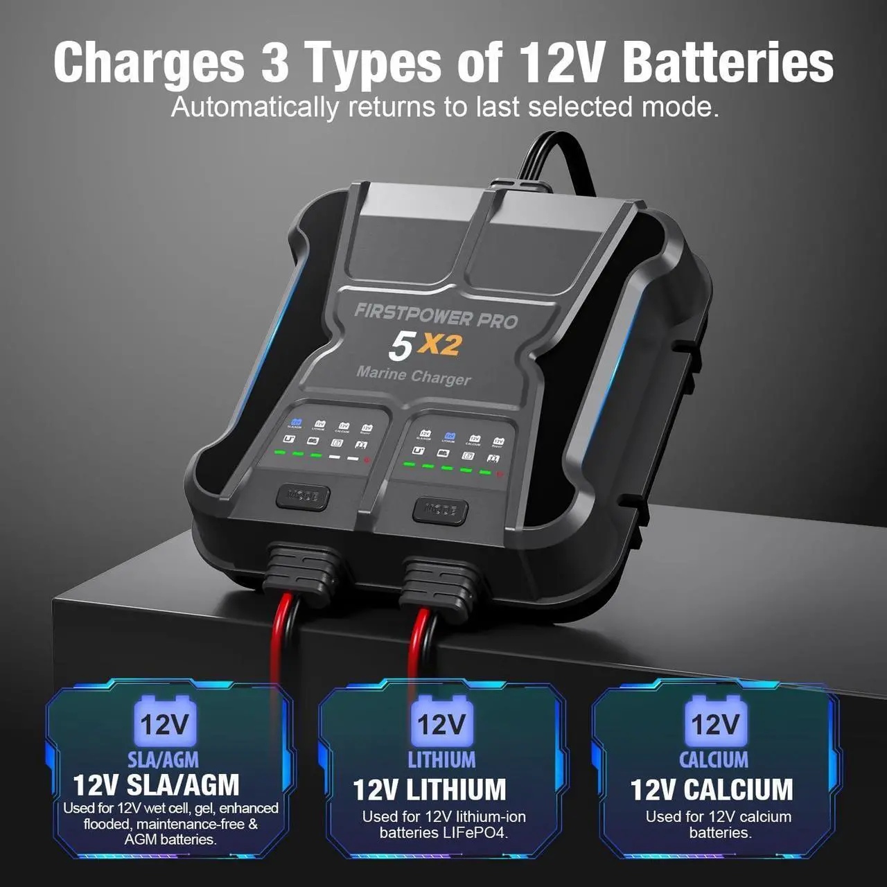 Alt view image 4 of 7 - 2 Bank Marine Battery Charger 5X2, 10A (5A/Bank) - 12V Waterproof Onboard Battery Charger, Battery Maintainer & Desulfator for SLA/AGM, Lithium (LiFePO4), Calcium & Deep-Cycle Battery- Charged 24/7